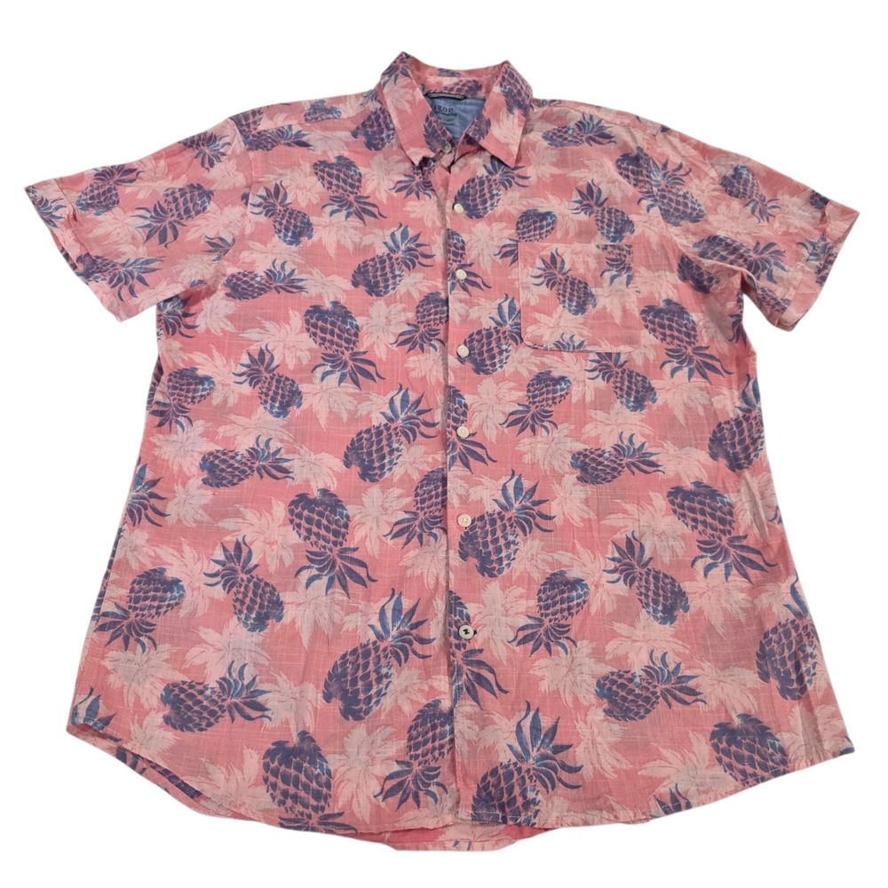 Izod Button Up Shirt Mens Pink L Saltwater Classic Pineapple Hawaiian Summer Tee
